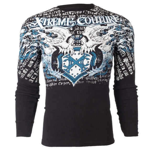 Xtreme Couture by Affliction Men's Thermal Shirt LIGHTNING Black Biker - Picture 1 of 7